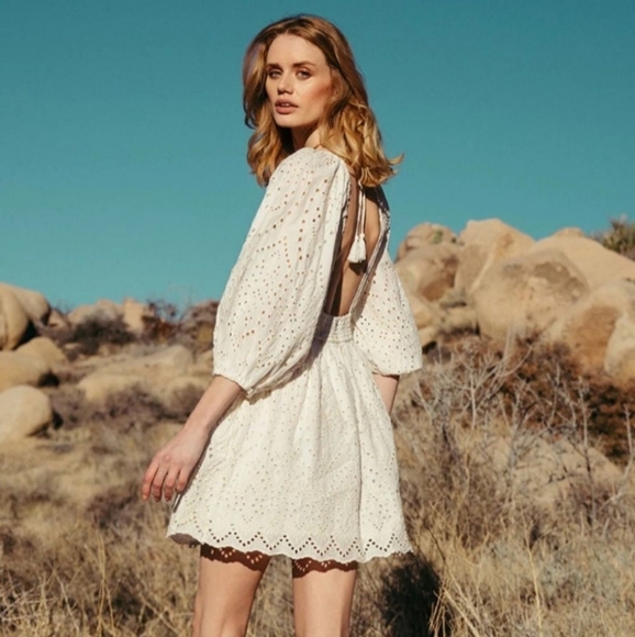 CleoBella Aria Mini Dress White Small Long Sleeve Embroidered Eyelet Tasseled - Picture 6 of 7